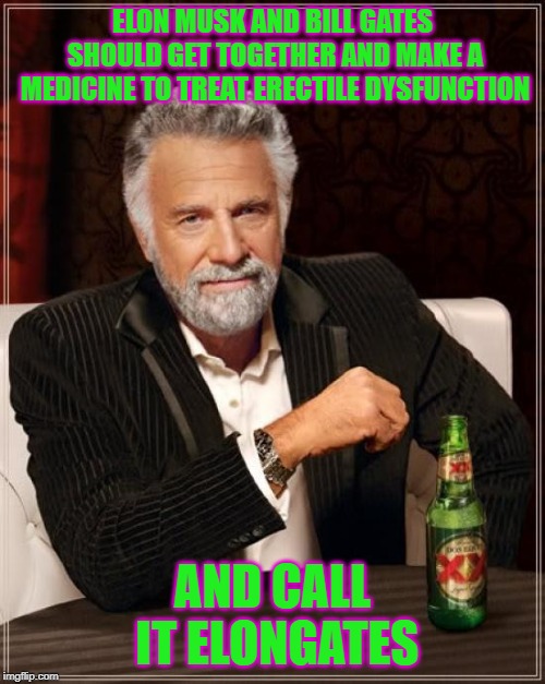 The Most Interesting Man In The World Meme | ELON MUSK AND BILL GATES SHOULD GET TOGETHER AND MAKE A MEDICINE TO TREAT ERECTILE DYSFUNCTION; AND CALL IT ELONGATES | image tagged in memes,the most interesting man in the world | made w/ Imgflip meme maker