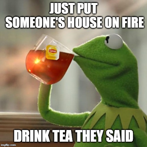 But That's None Of My Business Meme | JUST PUT SOMEONE'S HOUSE ON FIRE; DRINK TEA THEY SAID | image tagged in memes,but thats none of my business,kermit the frog | made w/ Imgflip meme maker