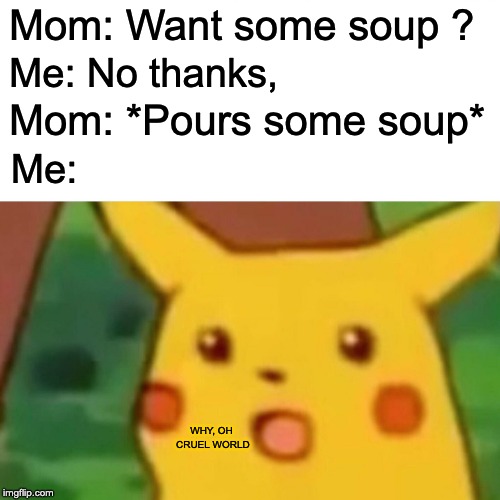 Surprised Pikachu | Mom: Want some soup ? Me: No thanks, Mom: *Pours some soup*; Me:; WHY, OH CRUEL WORLD | image tagged in memes,surprised pikachu | made w/ Imgflip meme maker