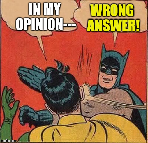 Batman Slapping Robin | WRONG ANSWER! IN MY OPINION--- | image tagged in memes,batman slapping robin | made w/ Imgflip meme maker