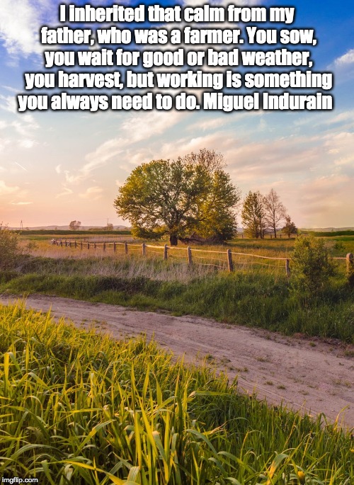 I inherited that calm from my father, who was a farmer. You sow, you wait for good or bad weather, you harvest, but working is something you always need to do. Miguel Indurain | image tagged in farm,farmers,harvest | made w/ Imgflip meme maker