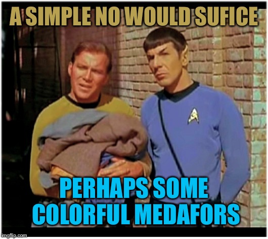 Why? | A SIMPLE NO WOULD SUFICE; PERHAPS SOME COLORFUL MEDAFORS | image tagged in cool bullshit kirk n spock | made w/ Imgflip meme maker