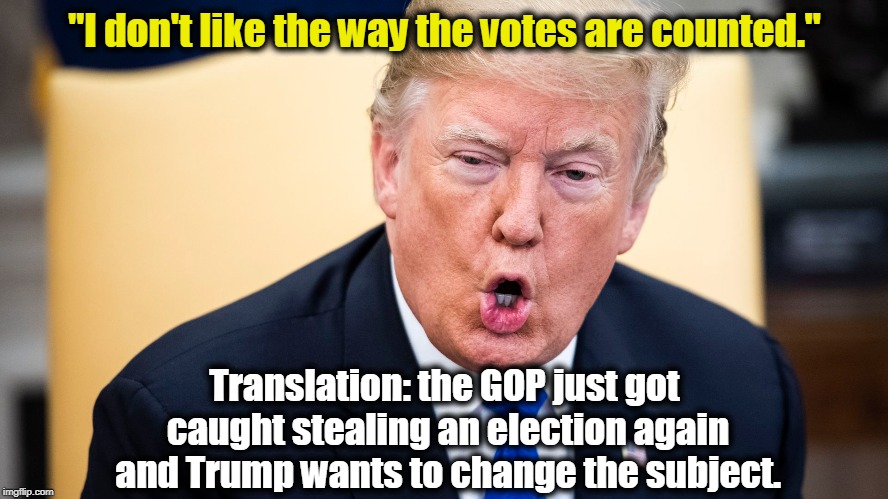 "I don't like the way the votes are counted."; Translation: the GOP just got caught stealing an election again and Trump wants to change the subject. | image tagged in trump,voter fraud,steal election,gop,republicans | made w/ Imgflip meme maker