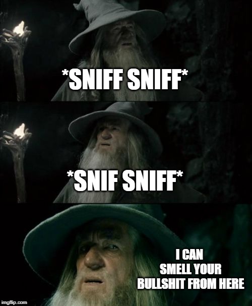Confused Gandalf Meme | *SNIFF SNIFF*; *SNIF SNIFF*; I CAN SMELL YOUR BULLSHIT FROM HERE | image tagged in memes,confused gandalf | made w/ Imgflip meme maker