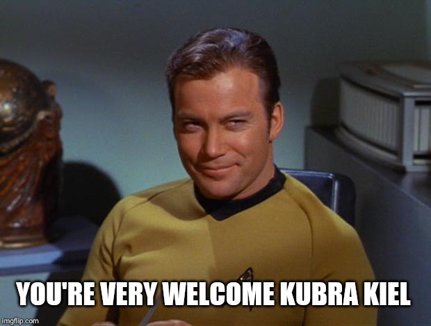 Kirk Smirk | YOU'RE VERY WELCOME KUBRA KIEL | image tagged in kirk smirk | made w/ Imgflip meme maker