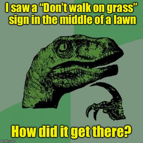 Philosoraptor | I saw a “Don’t walk on grass” sign in the middle of a lawn; How did it get there? | image tagged in memes,philosoraptor | made w/ Imgflip meme maker