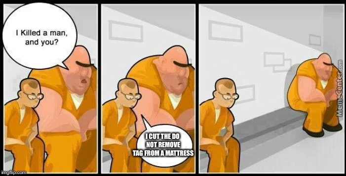 The 2nd worst crime | I CUT THE DO NOT REMOVE TAG FROM A MATTRESS | image tagged in prisoners blank | made w/ Imgflip meme maker