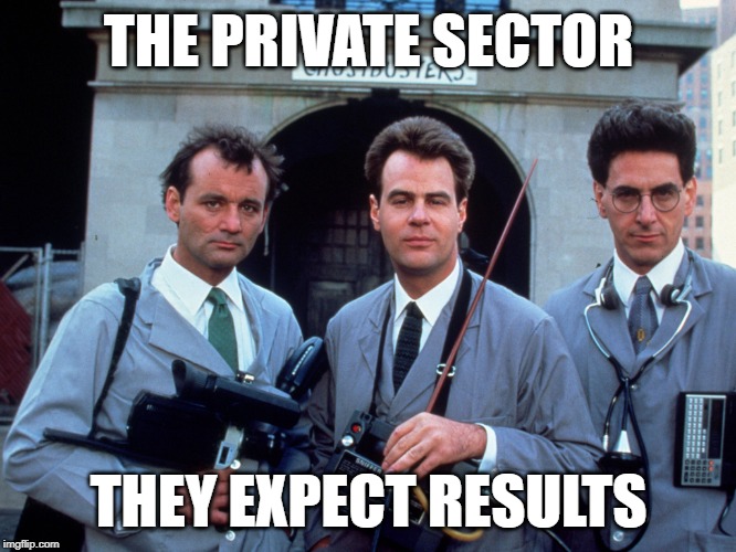 Professional paranormal investigation and elimination | THE PRIVATE SECTOR; THEY EXPECT RESULTS | image tagged in professional paranormal investigation and elimination | made w/ Imgflip meme maker