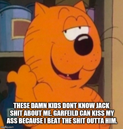 Heathcliff | THESE DAMN KIDS DONT KNOW JACK SHIT ABOUT ME. GARFEILD CAN KISS MY ASS BECAUSE I BEAT THE SHIT OUTTA HIM. | image tagged in heathcliff | made w/ Imgflip meme maker
