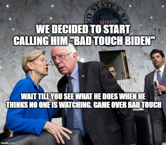 DNC Survivor has Officially Started. Let's go Team! | WE DECIDED TO START CALLING HIM "BAD TOUCH BIDEN"; WAIT TILL YOU SEE WHAT HE DOES WHEN HE THINKS NO ONE IS WATCHING. GAME OVER BAD TOUCH | image tagged in bernie sanders,elizabeth warren,election 2020,democratic socialism,occupy democrats,dnc | made w/ Imgflip meme maker