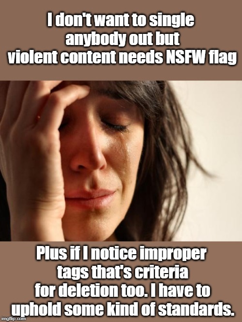 You deserve an explanation. | I don't want to single anybody out but violent content needs NSFW flag; Plus if I notice improper tags that's criteria for deletion too. I have to uphold some kind of standards. | image tagged in memes,first world problems,egos,stream,rules | made w/ Imgflip meme maker