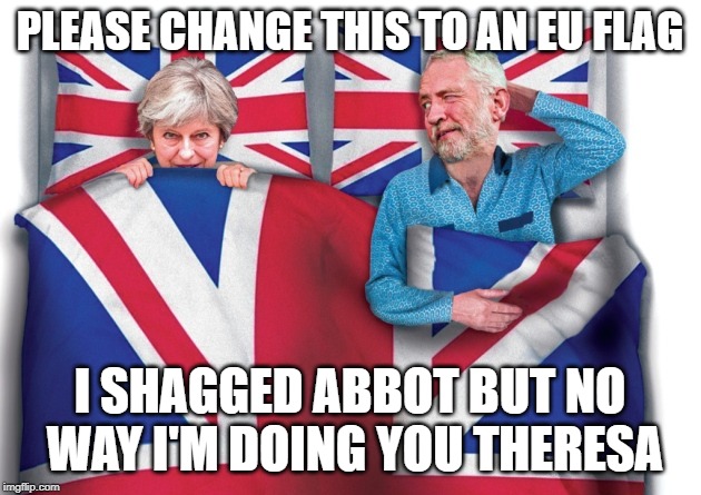 May & Corbyn | PLEASE CHANGE THIS TO AN EU FLAG; I SHAGGED ABBOT BUT NO WAY I'M DOING YOU THERESA | image tagged in may  corbyn | made w/ Imgflip meme maker