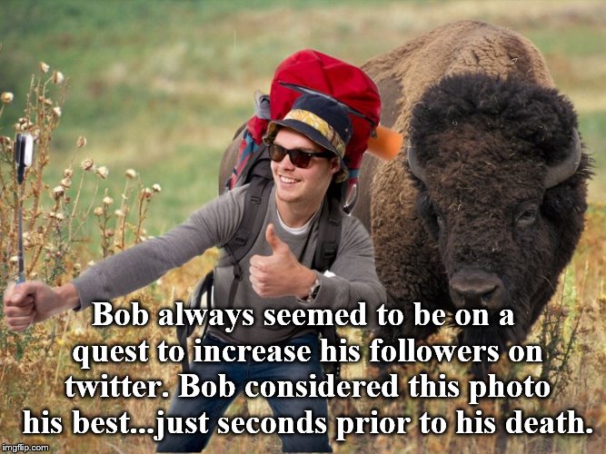 The dangers of living in your own world. | Bob always seemed to be on a quest to increase his followers on twitter. Bob considered this photo his best...just seconds prior to his death. | image tagged in oblivious | made w/ Imgflip meme maker