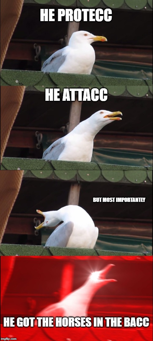 Inhaling Seagull Meme | HE PROTECC; HE ATTACC; BUT MOST IMPORTANTLY; HE GOT THE HORSES IN THE BACC | image tagged in memes,inhaling seagull | made w/ Imgflip meme maker