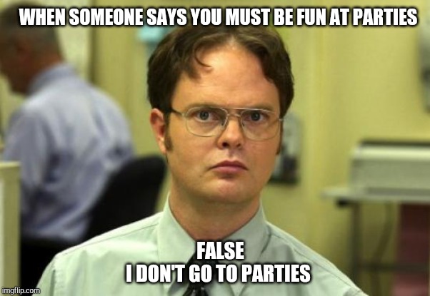 Dwight Schrute | WHEN SOMEONE SAYS YOU MUST BE FUN AT PARTIES; I DON'T GO TO PARTIES; FALSE | image tagged in memes,dwight schrute | made w/ Imgflip meme maker