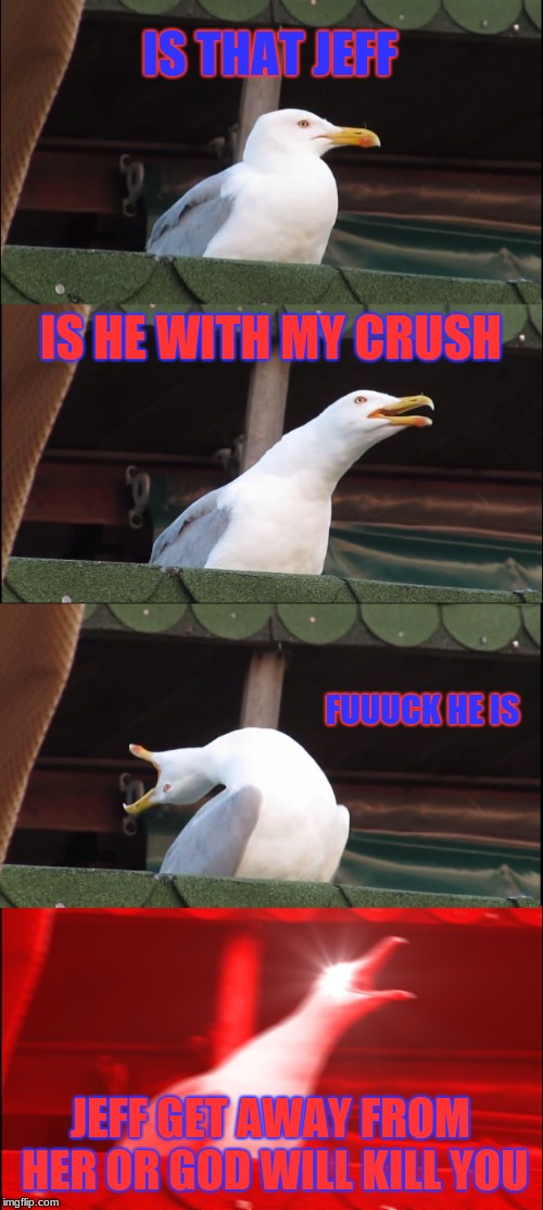 Inhaling Seagull | IS THAT JEFF; IS HE WITH MY CRUSH; FUUUCK HE IS; JEFF GET AWAY FROM HER OR GOD WILL KILL YOU | image tagged in memes,inhaling seagull | made w/ Imgflip meme maker