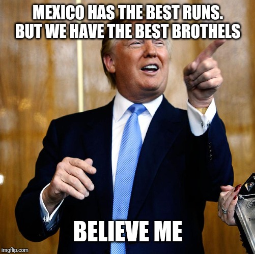 Donal Trump Birthday | MEXICO HAS THE BEST RUNS. BUT WE HAVE THE BEST BROTHELS BELIEVE ME | image tagged in donal trump birthday | made w/ Imgflip meme maker
