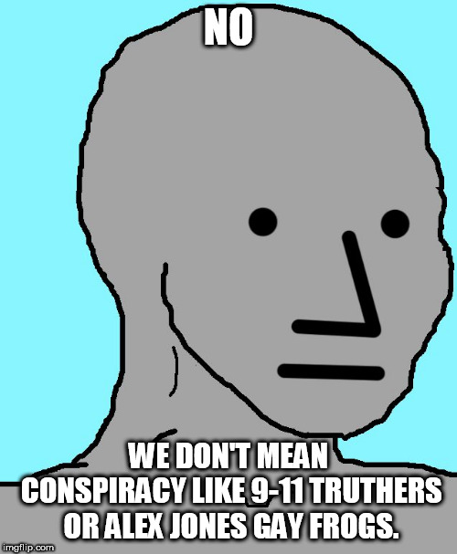 NPC Meme | NO; WE DON'T MEAN CONSPIRACY LIKE 9-11 TRUTHERS OR ALEX JONES GAY FROGS. | image tagged in memes,npc | made w/ Imgflip meme maker