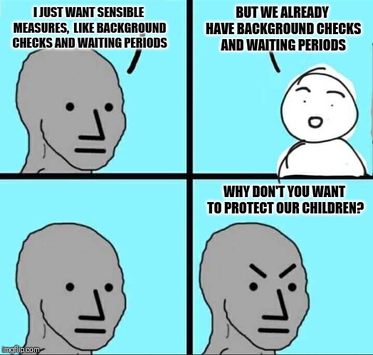 We don't want to ban guns | BUT WE ALREADY HAVE BACKGROUND CHECKS AND WAITING PERIODS; I JUST WANT SENSIBLE MEASURES,  LIKE BACKGROUND CHECKS AND WAITING PERIODS; WHY DON'T YOU WANT TO PROTECT OUR CHILDREN? | image tagged in npc meme,memes | made w/ Imgflip meme maker