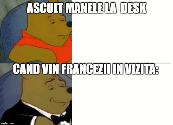 Fancy Winnie The Pooh Meme | ASCULT MANELE LA  DESK; CAND VIN FRANCEZII IN VIZITA: | image tagged in fancy winnie the pooh meme | made w/ Imgflip meme maker