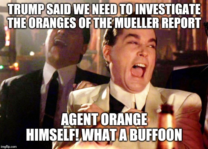 Good Fellas Hilarious | TRUMP SAID WE NEED TO INVESTIGATE THE ORANGES OF THE MUELLER REPORT; AGENT ORANGE HIMSELF! WHAT A BUFFOON | image tagged in memes,good fellas hilarious | made w/ Imgflip meme maker
