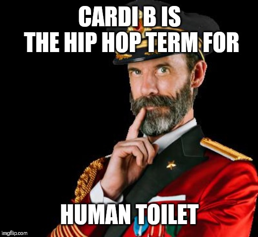 captain obvious | CARDI B IS THE HIP HOP TERM FOR; HUMAN TOILET | image tagged in captain obvious | made w/ Imgflip meme maker
