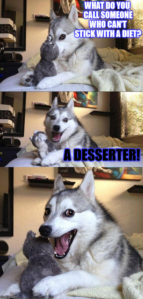 Bad Diet Dog | WHAT DO YOU CALL SOMEONE WHO CAN’T STICK WITH A DIET? A DESSERTER! | image tagged in memes,bad pun dog,funny,dogs,diet,puns | made w/ Imgflip meme maker