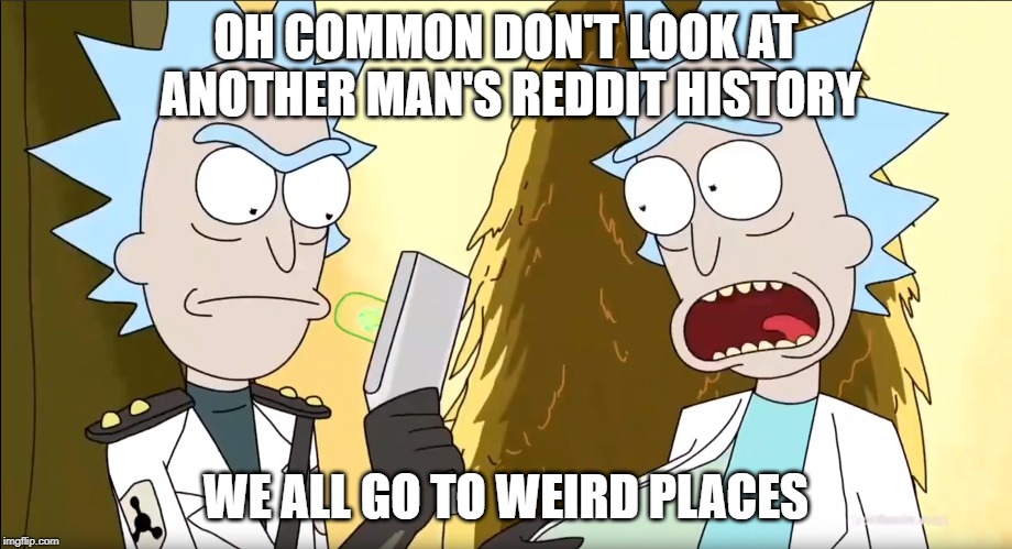 We All Go To Weird Places | OH COMMON DON'T LOOK AT ANOTHER MAN'S REDDIT HISTORY; WE ALL GO TO WEIRD PLACES | image tagged in rick and morty,reddit | made w/ Imgflip meme maker