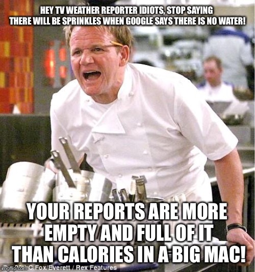 Local weather reporters should stay off of TV and out of the kitchen | HEY TV WEATHER REPORTER IDIOTS, STOP SAYING THERE WILL BE SPRINKLES WHEN GOOGLE SAYS THERE IS NO WATER! YOUR REPORTS ARE MORE EMPTY AND FULL OF IT THAN CALORIES IN A BIG MAC! | image tagged in memes,chef gordon ramsay,weather,kitchen,fake news,mcdonalds | made w/ Imgflip meme maker