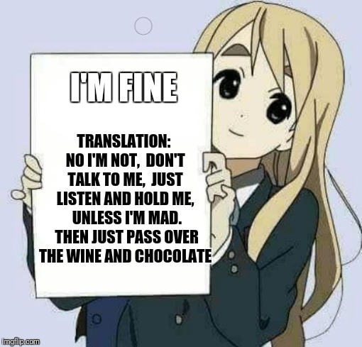 Girl holding sign | I'M FINE TRANSLATION: NO I'M NOT,  DON'T TALK TO ME,  JUST LISTEN AND HOLD ME,  UNLESS I'M MAD.  THEN JUST PASS OVER THE WINE AND CHOCOLATE | image tagged in girl holding sign | made w/ Imgflip meme maker