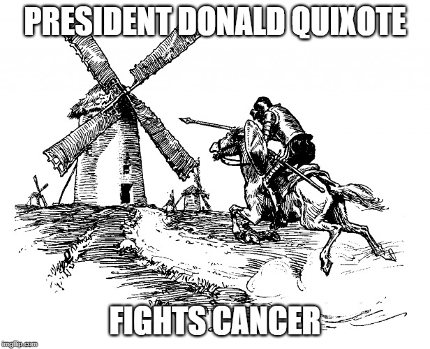 Trump & windmills | PRESIDENT DONALD QUIXOTE; FIGHTS CANCER | image tagged in trump,donald trump,windmills | made w/ Imgflip meme maker