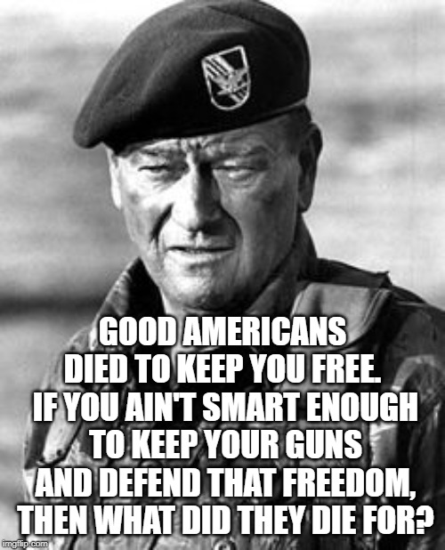 John Wayne Green Beret | GOOD AMERICANS DIED TO KEEP YOU FREE.  IF YOU AIN'T SMART ENOUGH TO KEEP YOUR GUNS AND DEFEND THAT FREEDOM, THEN WHAT DID THEY DIE FOR? | image tagged in john wayne green beret | made w/ Imgflip meme maker