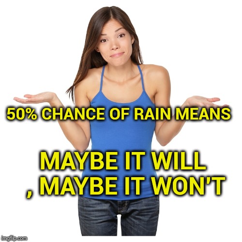 I don't know | 50% CHANCE OF RAIN MEANS MAYBE IT WILL , MAYBE IT WON'T | image tagged in i don't know | made w/ Imgflip meme maker