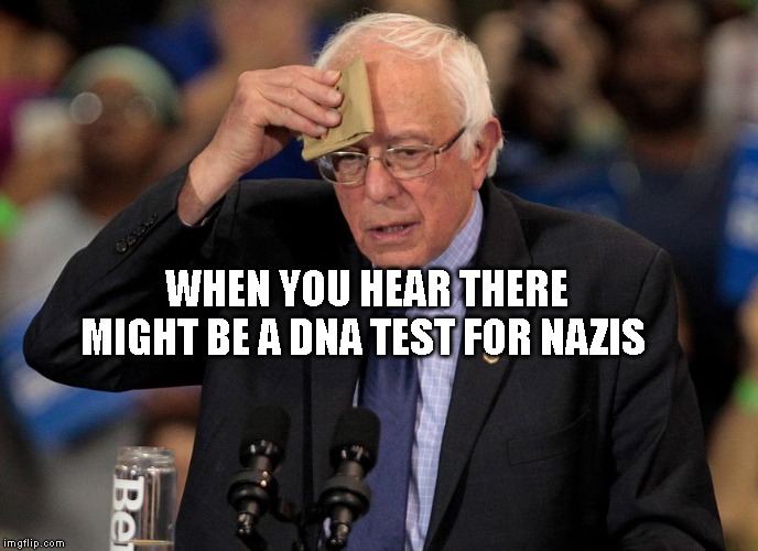 Nervous Bernie | WHEN YOU HEAR THERE MIGHT BE A DNA TEST FOR NAZIS | image tagged in nervous bernie | made w/ Imgflip meme maker