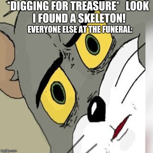 unsettled tom meme | *DIGGING FOR TREASURE*


LOOK I FOUND A SKELETON! EVERYONE ELSE AT THE FUNERAL: | image tagged in lol | made w/ Imgflip meme maker