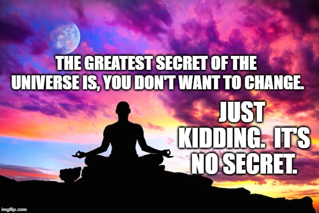 Meditation  | THE GREATEST SECRET OF THE UNIVERSE IS, YOU DON'T WANT TO CHANGE. JUST KIDDING.  IT'S NO SECRET. | image tagged in meditation | made w/ Imgflip meme maker
