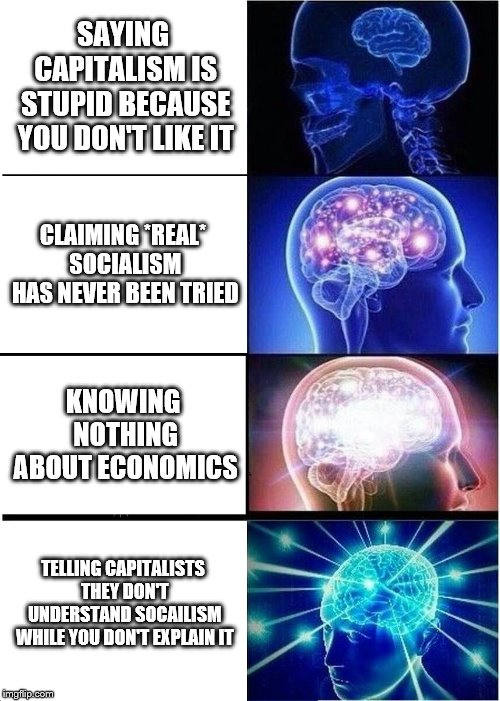 Socialist brain power | SAYING CAPITALISM IS STUPID BECAUSE YOU DON'T LIKE IT; CLAIMING *REAL* SOCIALISM HAS NEVER BEEN TRIED; KNOWING NOTHING ABOUT ECONOMICS; TELLING CAPITALISTS THEY DON'T UNDERSTAND SOCAILISM WHILE YOU DON'T EXPLAIN IT | image tagged in memes,expanding brain | made w/ Imgflip meme maker