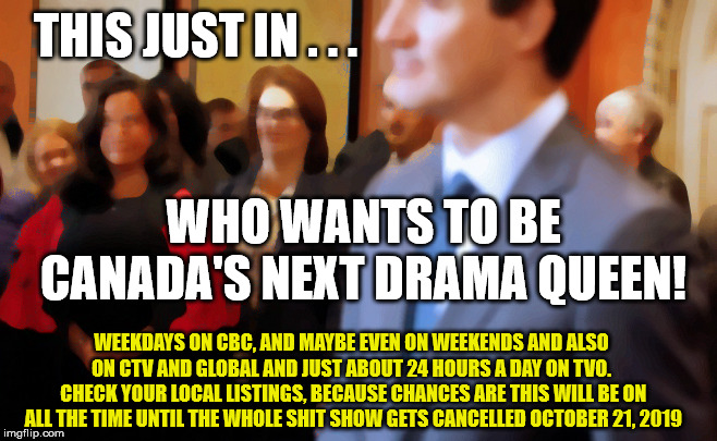 Trudeau, Philpott and JWR | THIS JUST IN . . . WHO WANTS TO BE CANADA'S NEXT DRAMA QUEEN! WEEKDAYS ON CBC, AND MAYBE EVEN ON WEEKENDS AND ALSO ON CTV AND GLOBAL AND JUST ABOUT 24 HOURS A DAY ON TVO.  CHECK YOUR LOCAL LISTINGS, BECAUSE CHANCES ARE THIS WILL BE ON ALL THE TIME UNTIL THE WHOLE SHIT SHOW GETS CANCELLED OCTOBER 21, 2019 | image tagged in trudeau philpott and jwr | made w/ Imgflip meme maker