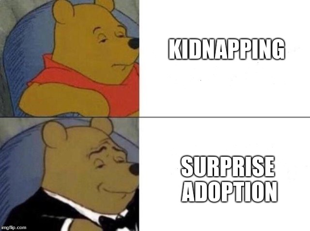 Tuxedo Winnie The Pooh | KIDNAPPING; SURPRISE ADOPTION | image tagged in tuxedo winnie the pooh | made w/ Imgflip meme maker