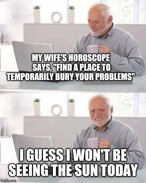 Hide the Pain Harold Meme | MY WIFE'S HOROSCOPE SAYS, "FIND A PLACE TO TEMPORARILY BURY YOUR PROBLEMS" I GUESS I WON'T BE SEEING THE SUN TODAY | image tagged in memes,hide the pain harold | made w/ Imgflip meme maker