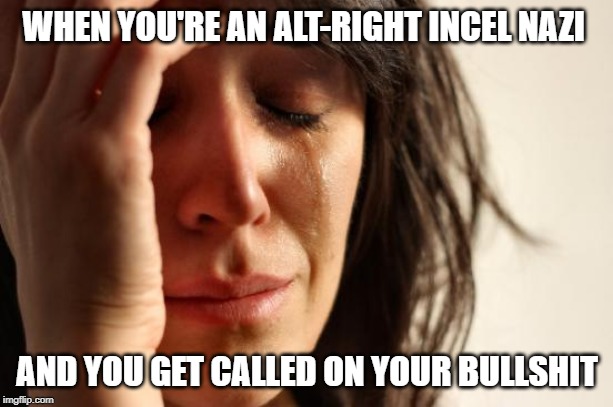 First World Problems Meme | WHEN YOU'RE AN ALT-RIGHT INCEL NAZI AND YOU GET CALLED ON YOUR BULLSHIT | image tagged in memes,first world problems | made w/ Imgflip meme maker