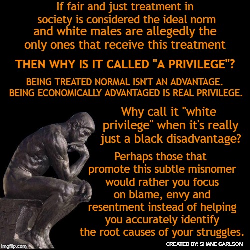 The creator and promoters of the term white privilege unknowingly promote hate and division. | If fair and just treatment in society is considered the ideal norm; and white males are allegedly the only ones that receive this treatment; THEN WHY IS IT CALLED "A PRIVILEGE"? BEING TREATED NORMAL ISN'T AN ADVANTAGE. BEING ECONOMICALLY ADVANTAGED IS REAL PRIVILEGE. Why call it "white privilege" when it's really just a black disadvantage? Perhaps those that promote this subtle misnomer would rather you focus on blame, envy and resentment instead of helping you accurately identify the root causes of your struggles. CREATED BY: SHANE CARLSON | image tagged in white privilege,class privilege,black struggle,black privilege,feminism,3rd wave feminism | made w/ Imgflip meme maker