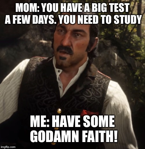 Any rdr fans get the his reference | MOM: YOU HAVE A BIG TEST A FEW DAYS. YOU NEED TO STUDY; ME: HAVE SOME GODAMN FAITH! | image tagged in duh | made w/ Imgflip meme maker