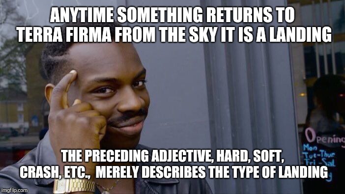 Roll Safe Think About It Meme | ANYTIME SOMETHING RETURNS TO TERRA FIRMA FROM THE SKY IT IS A LANDING THE PRECEDING ADJECTIVE, HARD, SOFT, CRASH, ETC.,  MERELY DESCRIBES TH | image tagged in memes,roll safe think about it | made w/ Imgflip meme maker