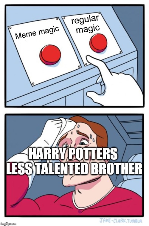 Two Buttons Meme | regular magic; Meme magic; HARRY POTTERS LESS TALENTED BROTHER | image tagged in memes,two buttons | made w/ Imgflip meme maker