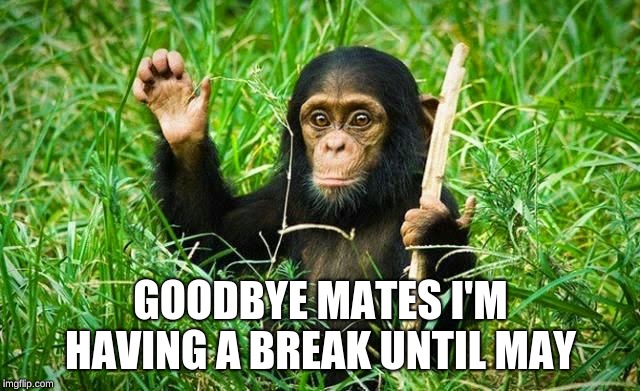 Thanks for the support but I have to do some big plans |  GOODBYE MATES I'M HAVING A BREAK UNTIL MAY | image tagged in goodbye,memes,chimpanzee,spring break | made w/ Imgflip meme maker