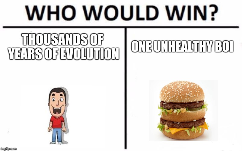 Who Would Win? Meme | THOUSANDS OF YEARS OF EVOLUTION; ONE UNHEALTHY BOI | image tagged in memes,who would win | made w/ Imgflip meme maker
