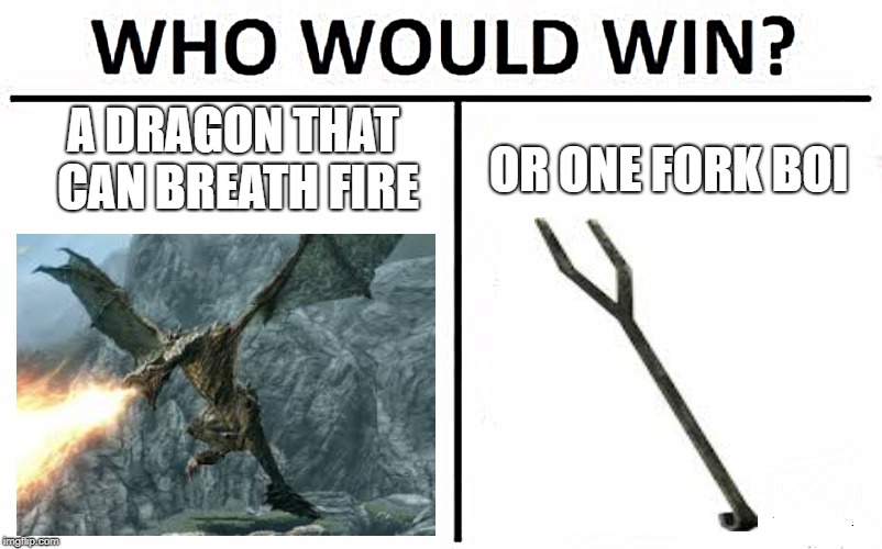 Who Would Win? Meme | A DRAGON THAT CAN BREATH FIRE; OR ONE FORK BOI | image tagged in memes,who would win | made w/ Imgflip meme maker