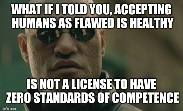 Matrix Morpheus Meme | WHAT IF I TOLD YOU, ACCEPTING HUMANS AS FLAWED IS HEALTHY; IS NOT A LICENSE TO HAVE ZERO STANDARDS OF COMPETENCE | image tagged in memes,matrix morpheus | made w/ Imgflip meme maker
