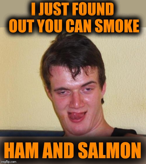10 guy stoned | I JUST FOUND OUT YOU CAN SMOKE HAM AND SALMON | image tagged in 10 guy stoned | made w/ Imgflip meme maker